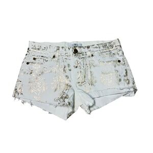 NWOT 7 For All‎ Mankind White Denim Shorts Gold Floral Print Frayed Hem Size 24